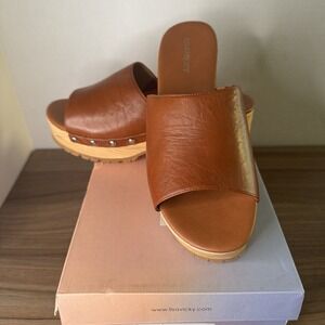 Lisa Vicky Victor V Platform Wood Wedge Brown Chestnut Leather Sandal Size 9 New